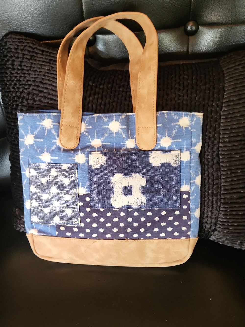 Blue Patchwork Canvas Tote Bag with Tan Handles